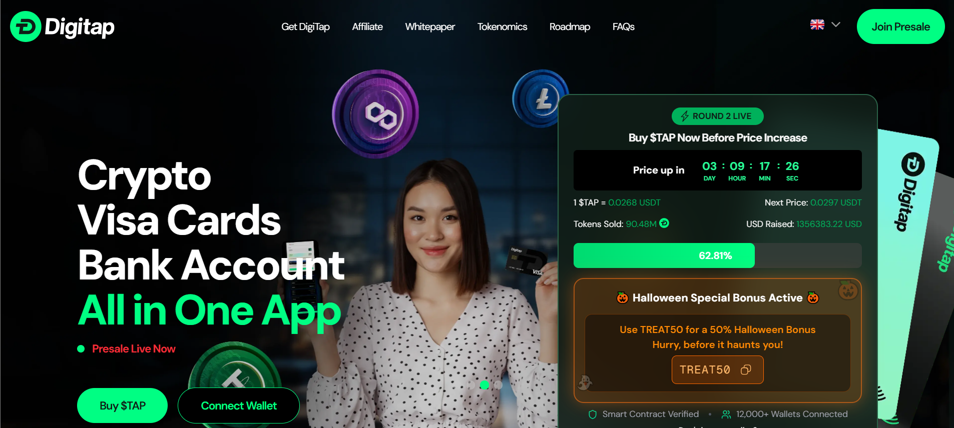 أنشئ بطاقات افتراضية عند الطلب وادفع في جميع أنحاء العالم مع DigiTap أفضل عملة رقمية مسبقة للاستثمار في سبتمبر 2025.