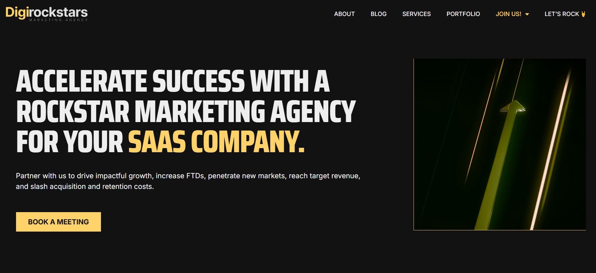 Digirockstars homepage showcasing 360-degree gambling marketing automation and tech startup casino promotion.