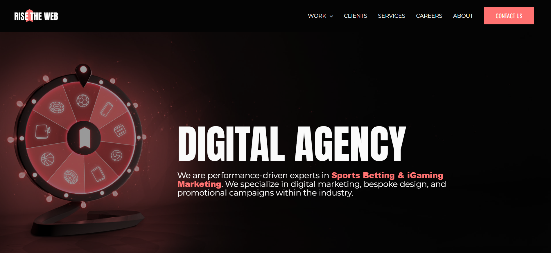 Rise The Web homepage featuring African gambling marketing expertise and performance-driven betting campaigns.