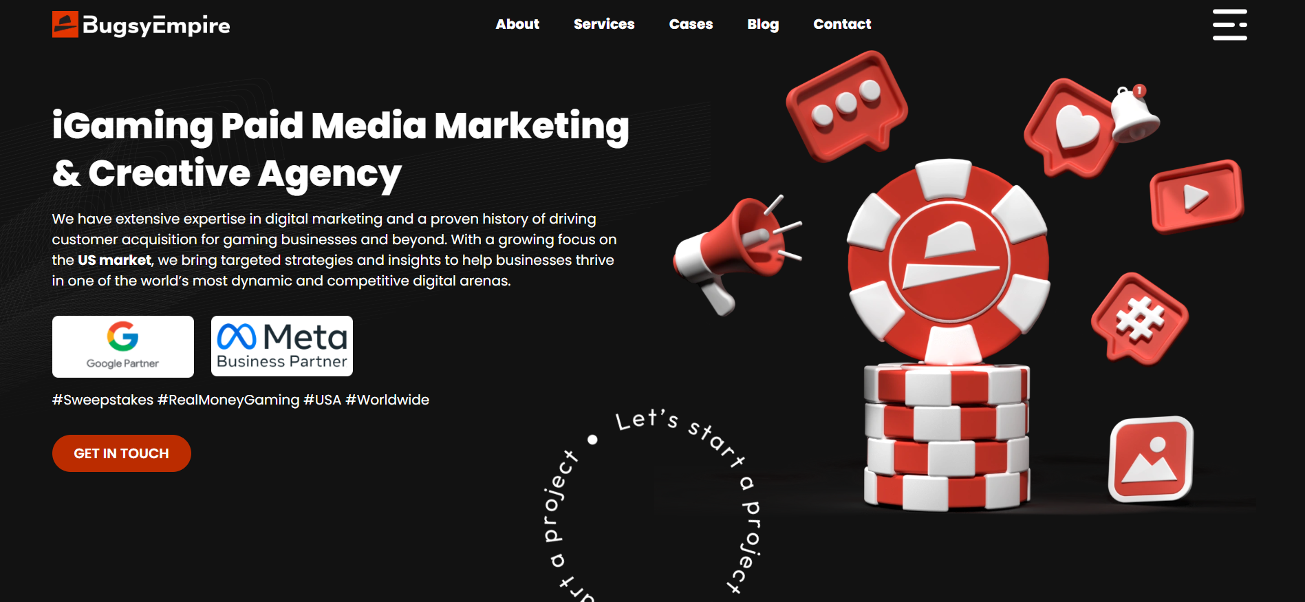 BugsyEmpire homepage displaying US sweepstakes marketing services and creative casino advertising campaigns.