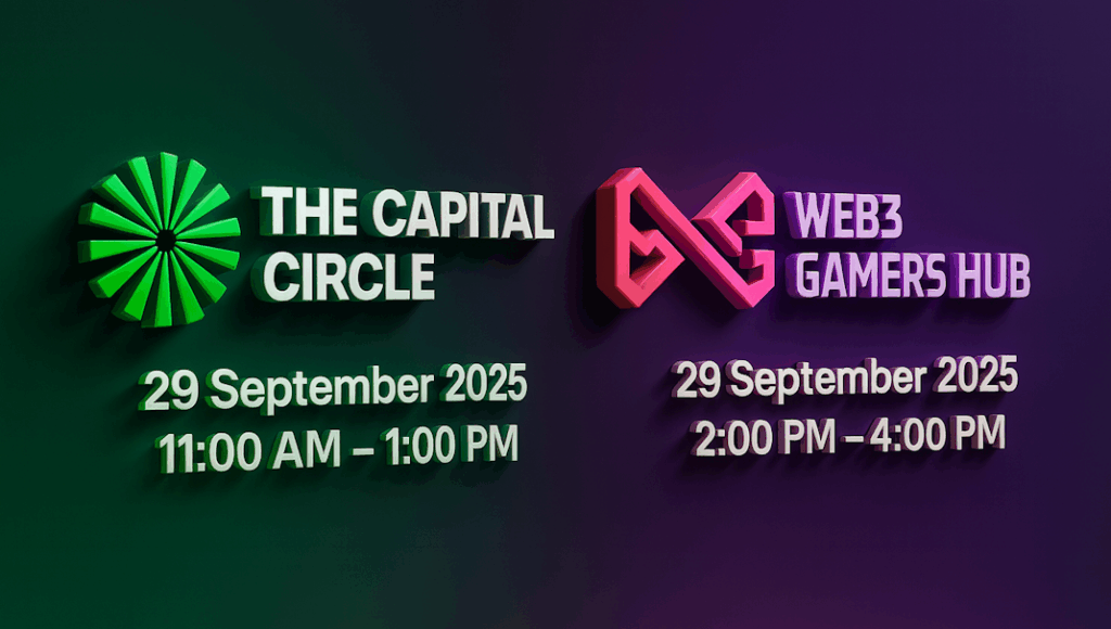 Official cover image for The Capital Circle and Web3 Gamers Hub 2025 events in Singapore on 29 September, highlighting AI, Web3, investors, and blockchain gaming.