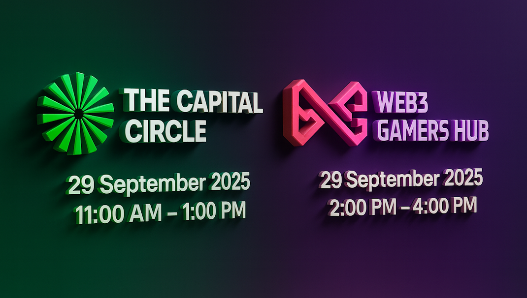 Official cover image for The Capital Circle and Web3 Gamers Hub 2025 events in Singapore on 29 September, highlighting AI, Web3, investors, and blockchain gaming.