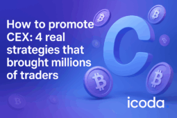 How to promote CEX marketing strategies cover image featuring 3D Bitcoin symbols and cryptocurrency exchange promotion text on purple gradient background.