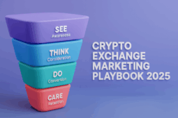 Crypto Exchange Marketing Playbook 2025 cover image with See Think Do Care funnel for awareness, consideration, conversion, and retention.