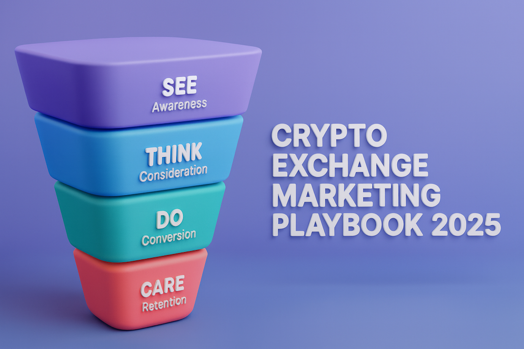 Crypto Exchange Marketing Playbook 2025 cover image with See Think Do Care funnel for awareness, consideration, conversion, and retention.