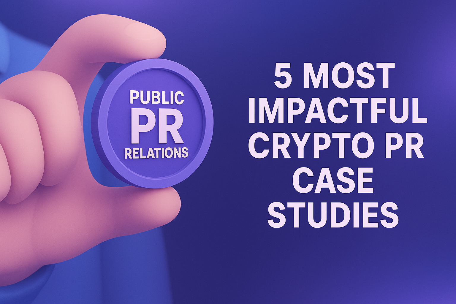 يد تحمل شارة العلاقات العامة الأرجوانية التي تمثل 5 دراسات حالة للعلاقات العامة الأكثر تأثيرًا في مجال العملات الرقمية من 2022-2025، والتي توضح العلاقات العامة الناجحة للعملات الرقمية وحملات تسويق البلوك تشين للعاملين في هذا المجال.