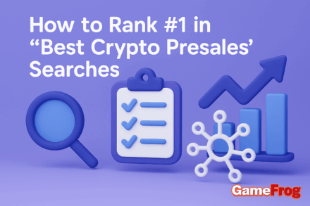 Crypto presale marketing cover image showing 3D icons of magnifying glass, checklist, growth chart, and network diagram with title text 'How to Rank #1 in Best Crypto Presales Searches' by GameFrog. SEO strategy for Google ranking and listicle promotion.