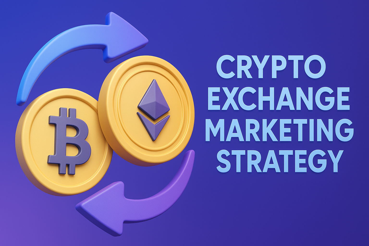 Crypto exchange marketing strategy hero image featuring Bitcoin and Ethereum coins with circular trading arrows on purple gradient background.