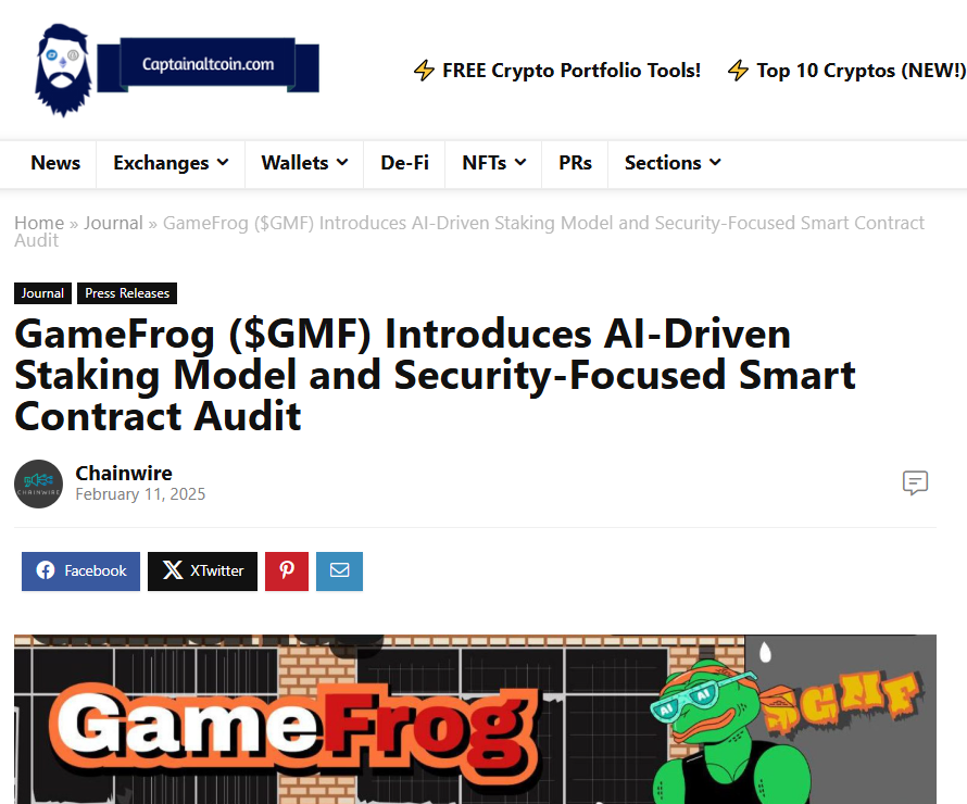 CaptainAltcoin press release: GameFrog ($GMF) introduces AI-driven staking model and security-focused smart contract audit, published by Chainwire.