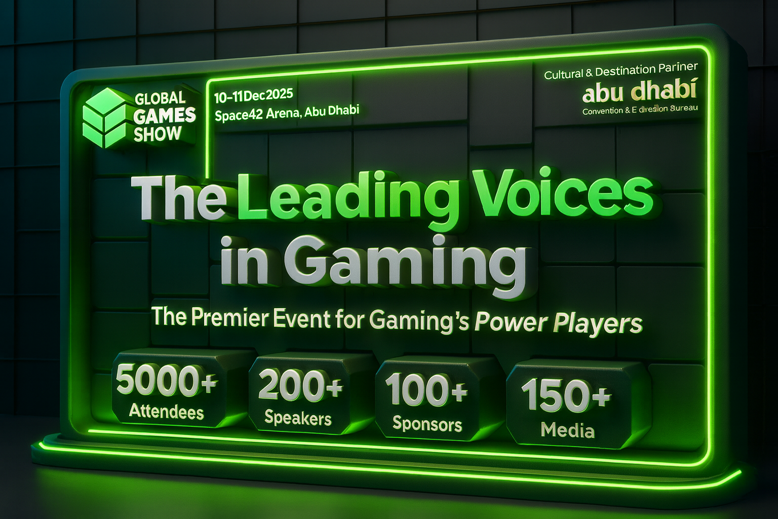 Global Games Show 2025 promotional banner featuring 5000+ attendees, 200+ speakers in Abu Dhabi Dec 10-11, premier Web3 gaming event.