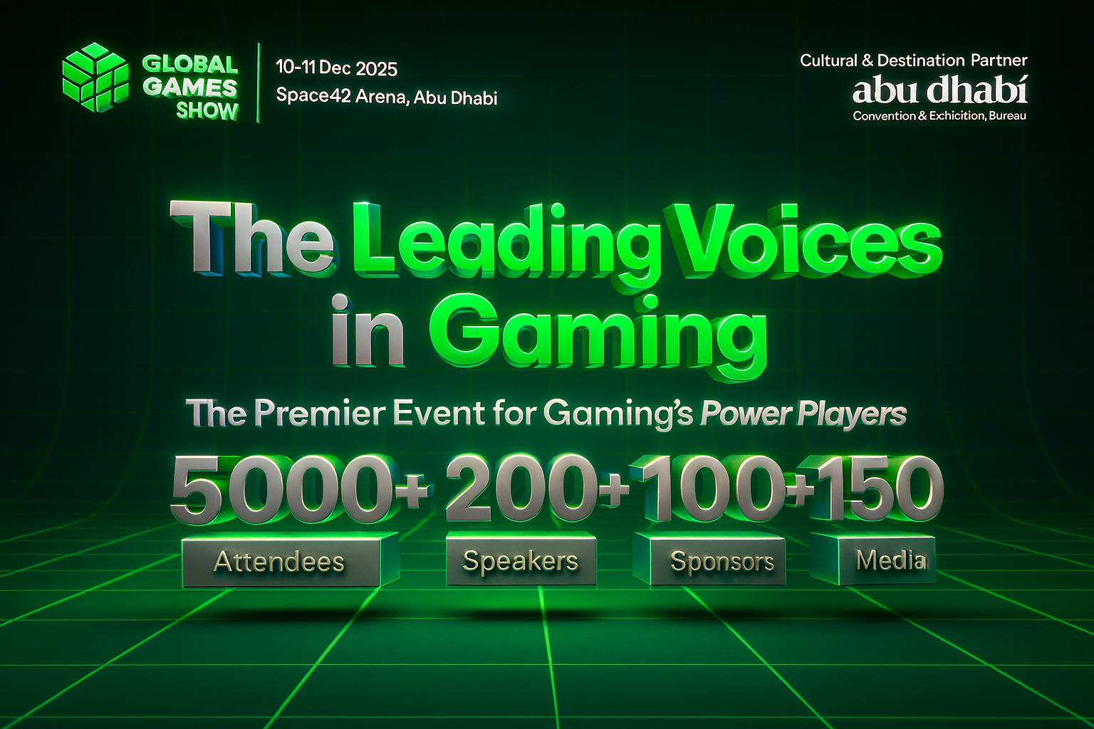 Global Games Show 2025 promotional banner featuring 5000+ attendees, 200+ speakers in Abu Dhabi Dec 10-11, premier Web3 gaming event.