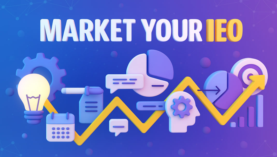 IEO marketing strategy infographic showing growth chart, analytics icons, calendar planning, pie charts, target symbols, and communication elements on purple gradient background - illustrating comprehensive IEO marketing guide components including budget planning, timeline management, and performance metrics for successful token sale campaigns.