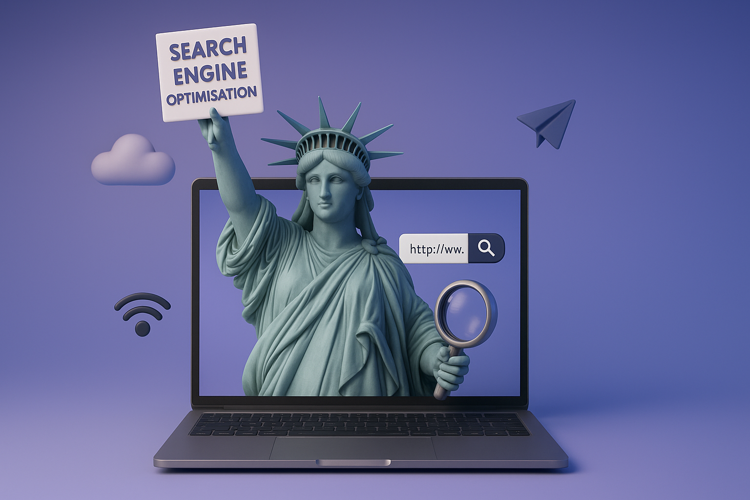 Statue of Liberty holding magnifying glass on laptop screen with search engine optimisation sign representing New York SEO company services and digital marketing expertise in NYC.
