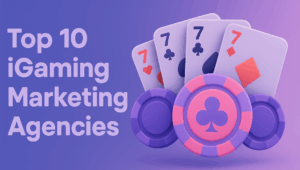 Featured image for top 10 iGaming marketing agencies 2025 article showing casino cards and poker chips with purple gradient background for gambling marketing specialists comparison.