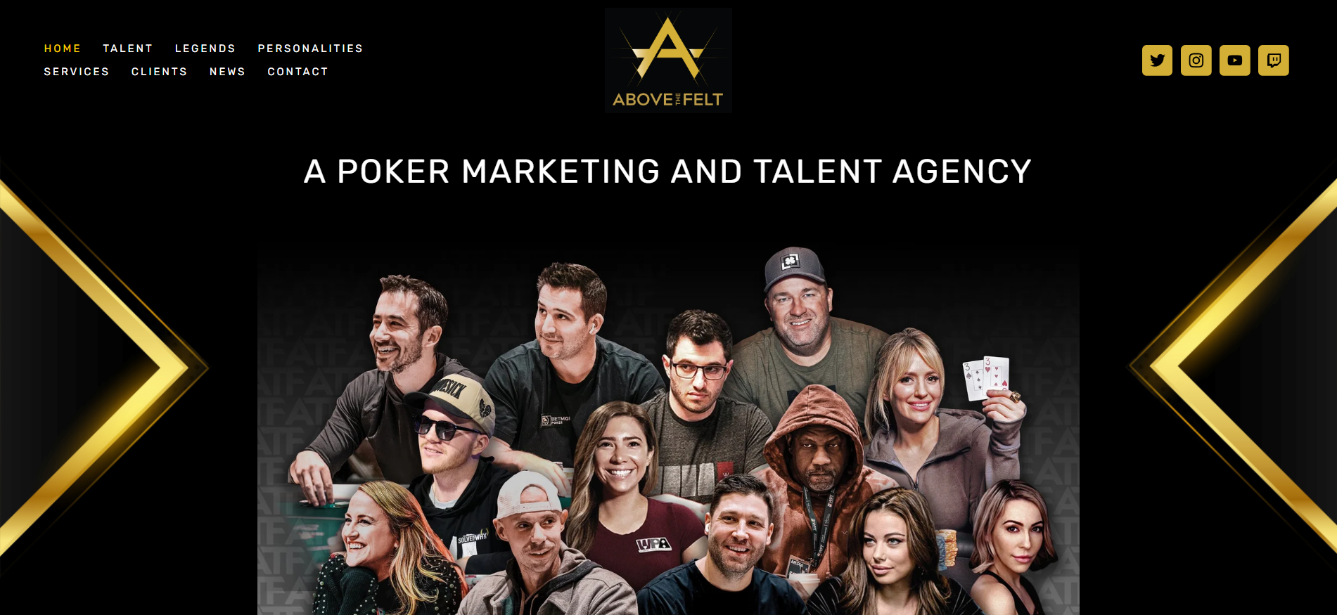 Above the Felt homepage showcasing poker talent agency services and experiential marketing for casino brands.