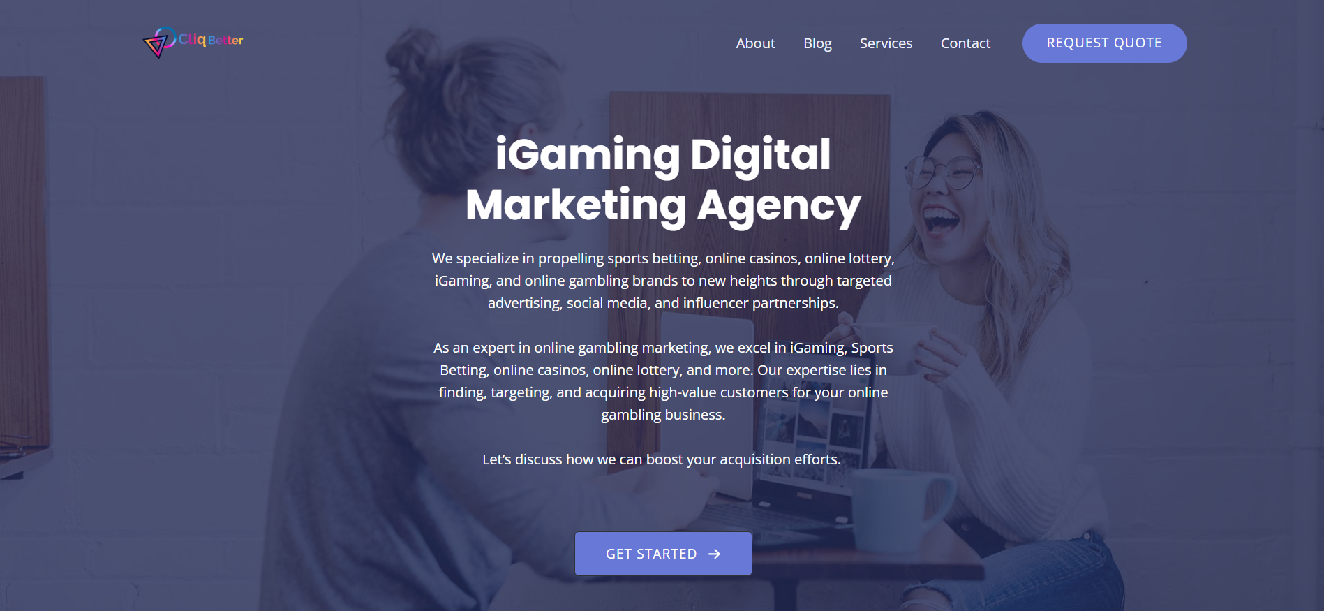 CliqBetter homepage featuring comprehensive digital marketing services and integrated strategies for gambling operators.