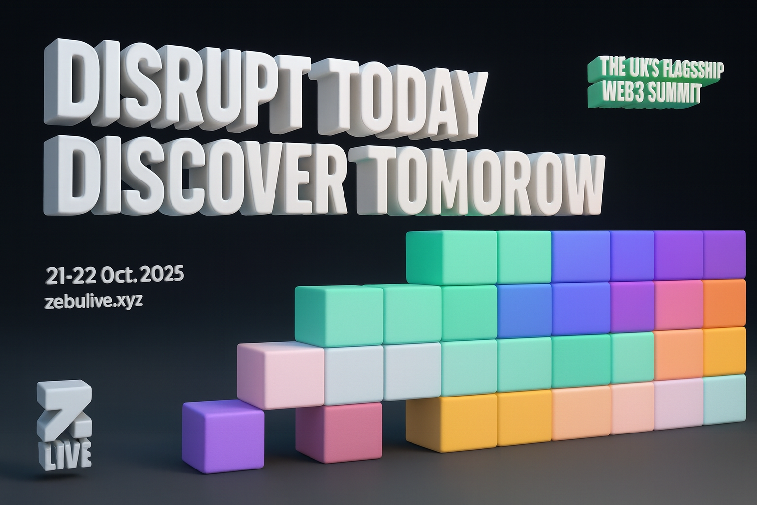 Zebu Live 2025 3D hero image - UK's flagship Web3 summit October 21-22 with 