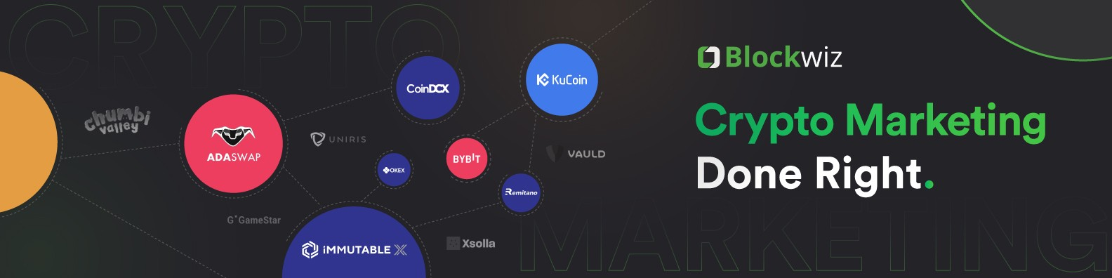 Blockwiz homepage showcasing authentic community management for crypto projects with verified influencer partnerships and social media growth.