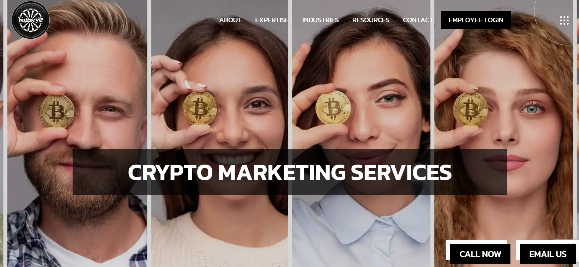 Bullzeye Media Marketing homepage featuring NFT launch strategies and crypto influencer marketing services for blockchain founders.