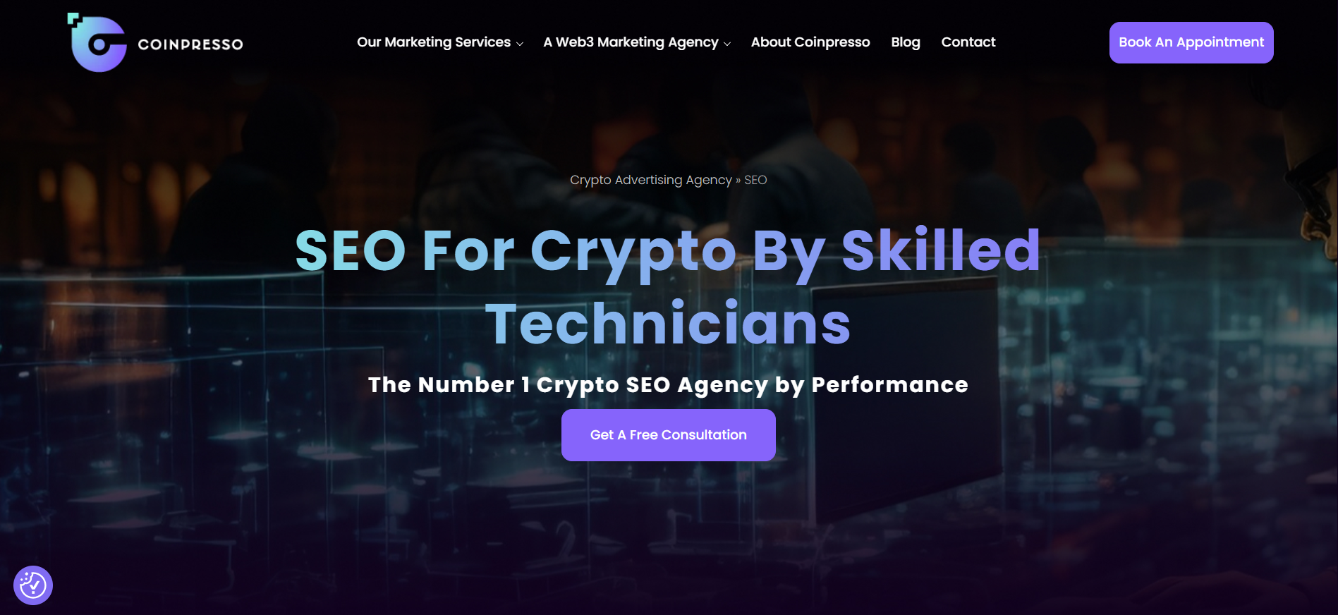 Coinpresso-Homepage mit datengesteuerten Krypto-SEO-Dienstleistungen und generativer Suchmaschinenoptimierung für Blockchain-Projekte mit über 100 erfolgreichen DeFi-Protokoll-Kampagnen.