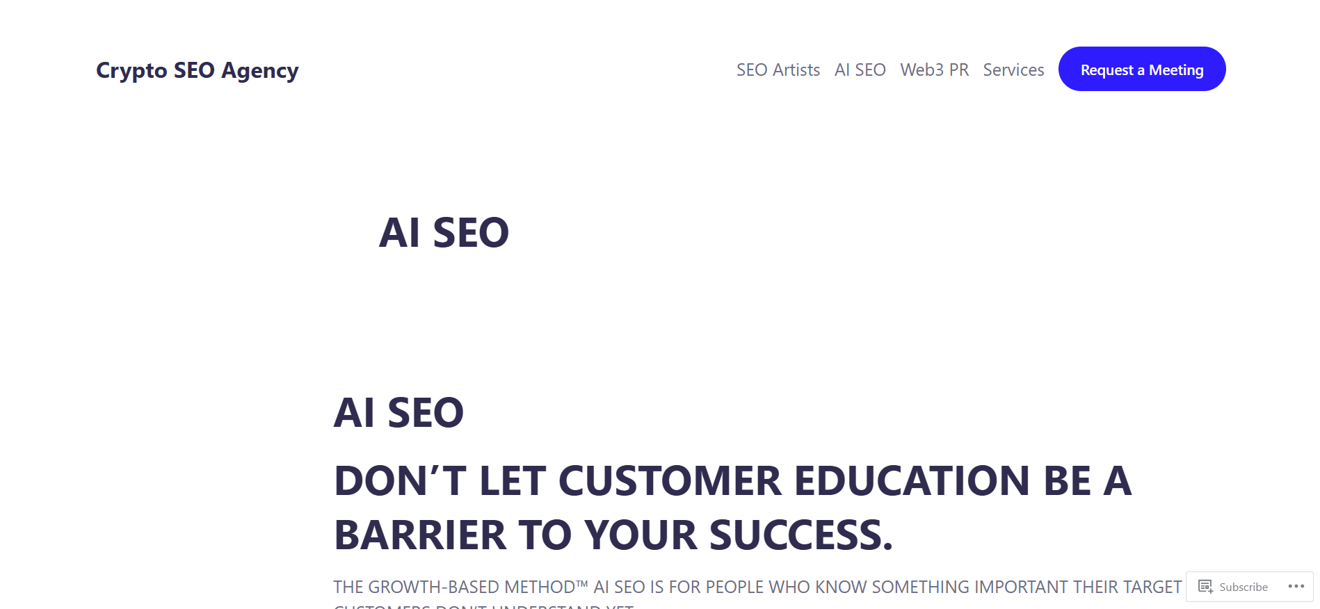 Die Homepage der Krypto-SEO-Agentur präsentiert eine wachstumsbasierte KI-SEO-Methode, die auf der Forschung der British Computer Society basiert und die proprietäre Kudzu-Methode für den nachhaltigen Aufbau semantischer Autorität in den Kryptomärkten verwendet.