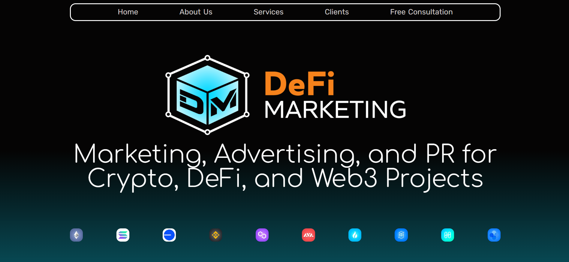 DeFi Marketing homepage presenting niche DeFi protocol marketing and technical tokenomics expertise for crypto presale campaigns requiring best specialized agency services.