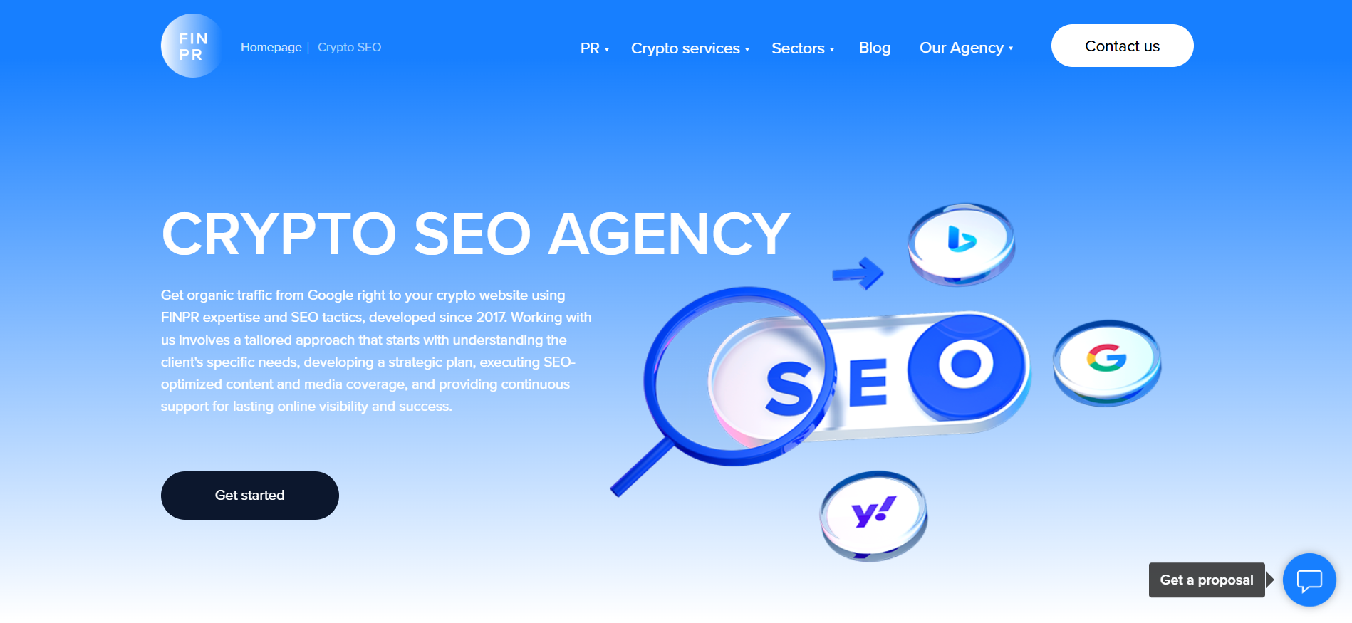 Die Homepage der Agentur FINPR zeigt KI-gestütztes Content Marketing und generative Suchmaschinenoptimierung für Web3-Projekte in den asiatischen und europäischen Kryptomärkten.