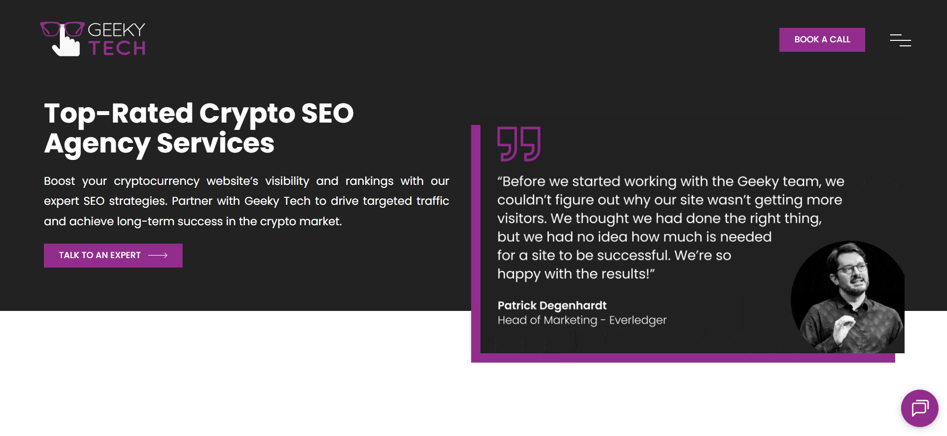 Geeky Tech-Homepage mit Boutique-Blockchain-SEO-Dienstleistungen und proprietären KI-Optimierungstools für Kryptowährungsprojekte, die Krypto-Zahlungen akzeptieren, mit Erfahrung auf dem britischen Markt.