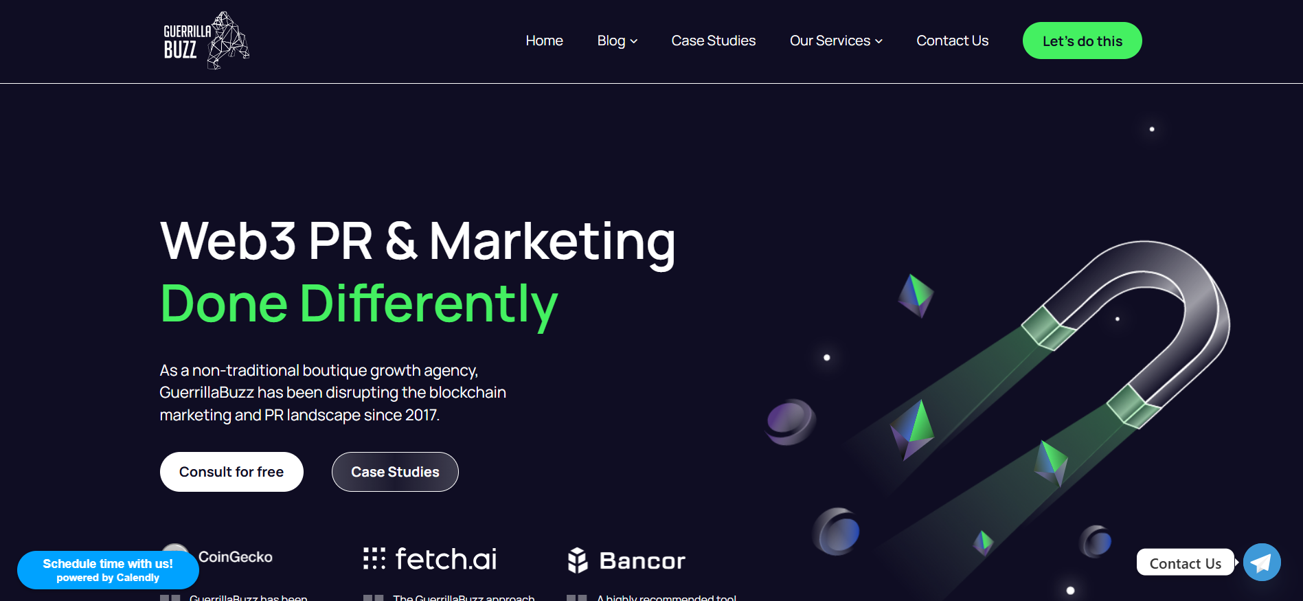 GuerrillaBuzz homepage highlighting earned media strategies and organic growth tactics for crypto presale campaigns as a trusted marketing agency since 2017.