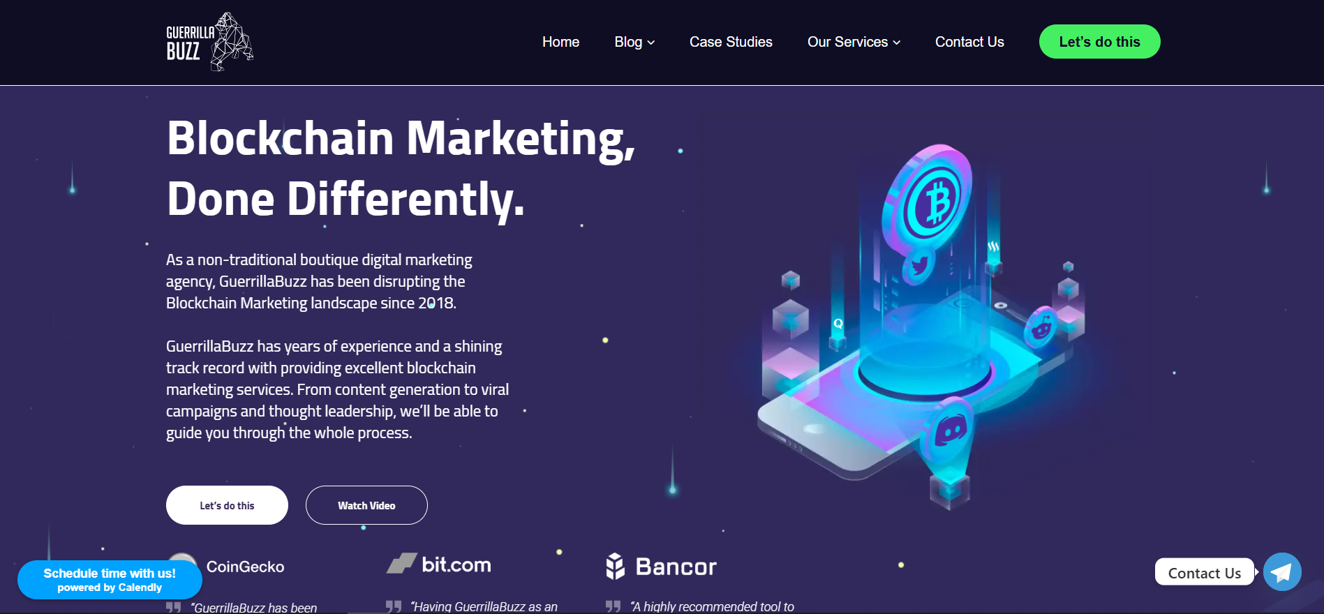 Página de inicio de GuerrillaBuzz con servicios de SEO y marketing de contenidos para la mejor agencia de marketing de ICO especializada en crecimiento orgánico.