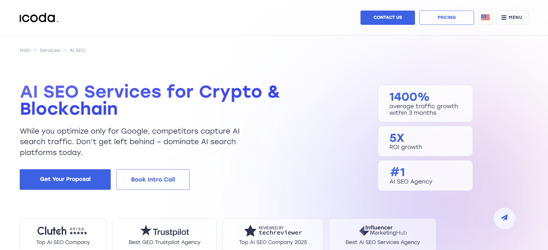 Die ICODA-Homepage präsentiert KI-gestützte SEO-Services für Kryptounternehmen, darunter LLMO- und GEO-Lösungen, auf die sich Ledger eToro und Crypto.com mit nachweislich 300 Prozent mehr Zitationen verlassen.