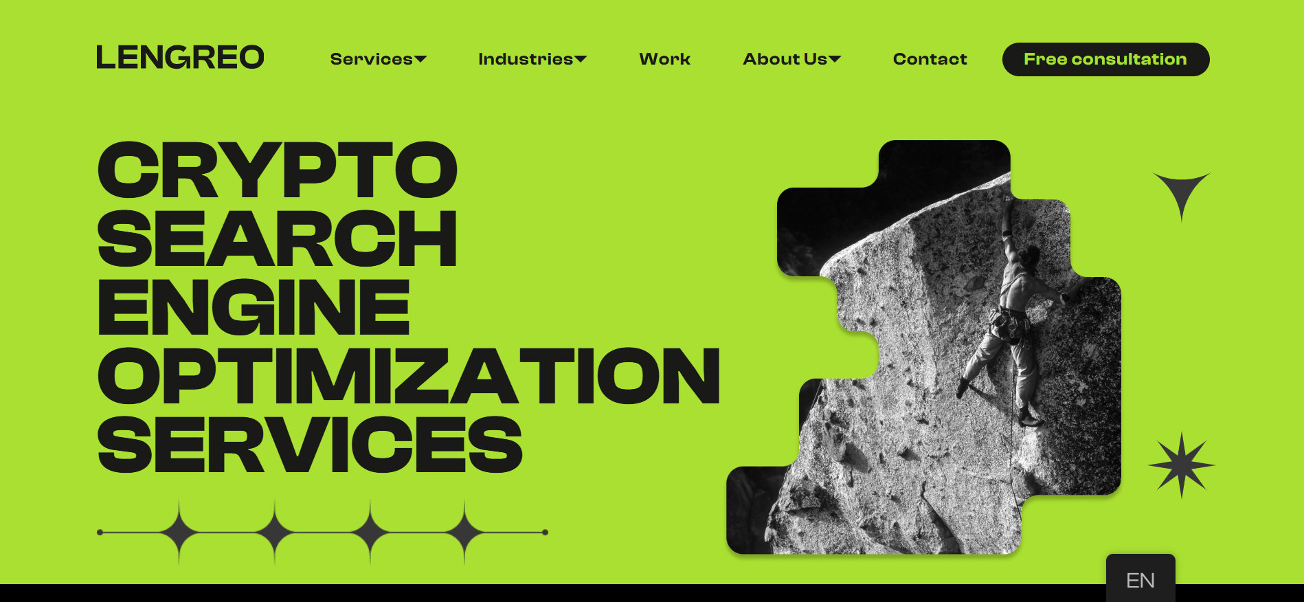 LenGreo-Homepage mit umfassenden KI-SEO- und Lead-Generierungsdiensten, die generative Suchmaschinenoptimierung mit Strategien zur Nachfragegenerierung für Blockchain- und Technologiekunden verbinden.