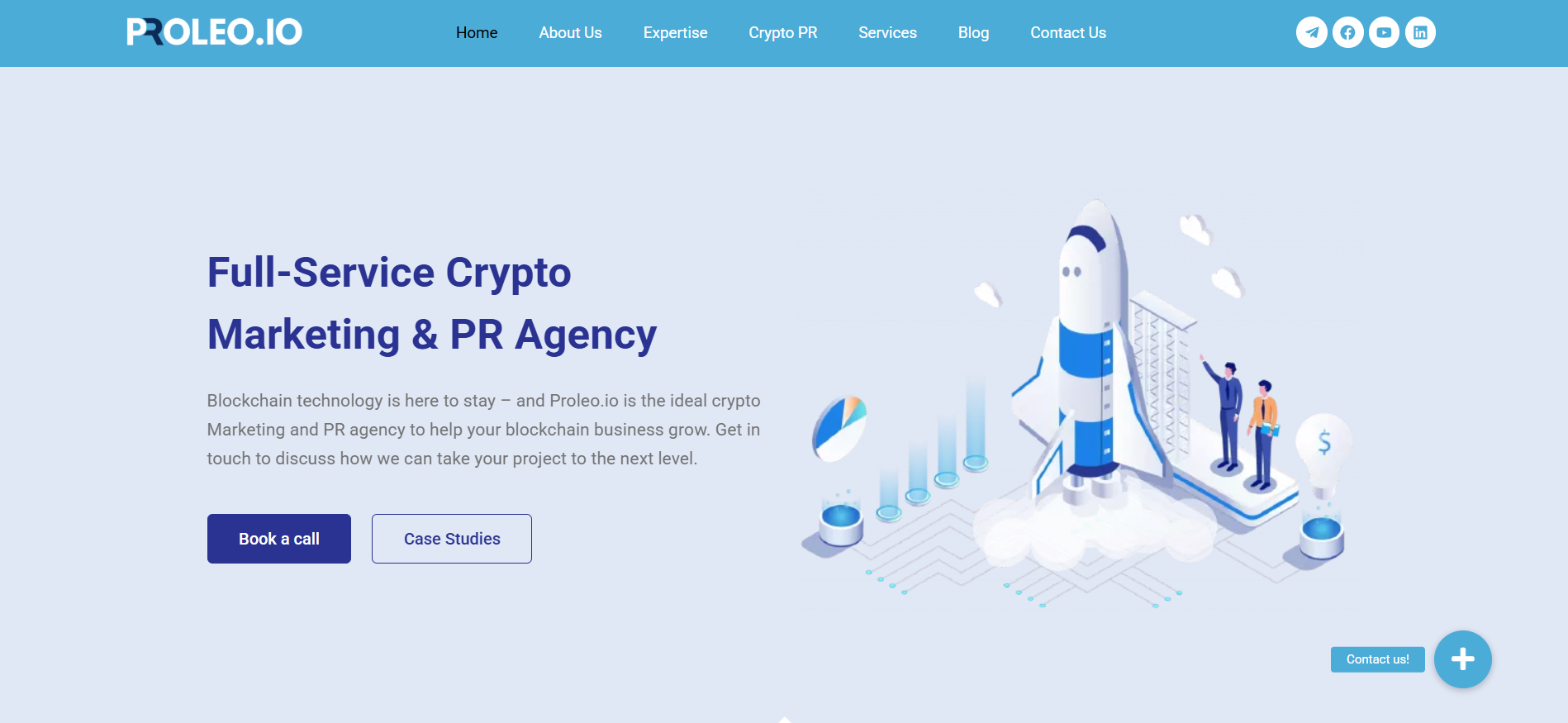 Proleo.io homepage showcasing blockchain marketing and KOL management services for emerging DeFi and NFT projects.