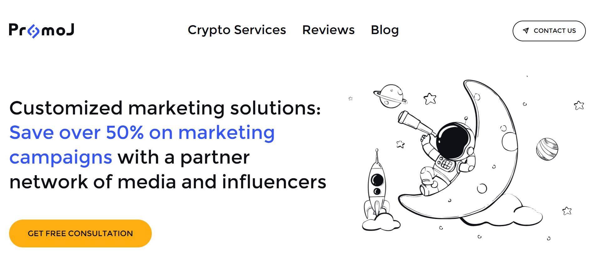 PromoJ homepage showcasing trust building ICO marketing strategies with authentic influencer partnerships for pre seed and seed stage blockchain projects.