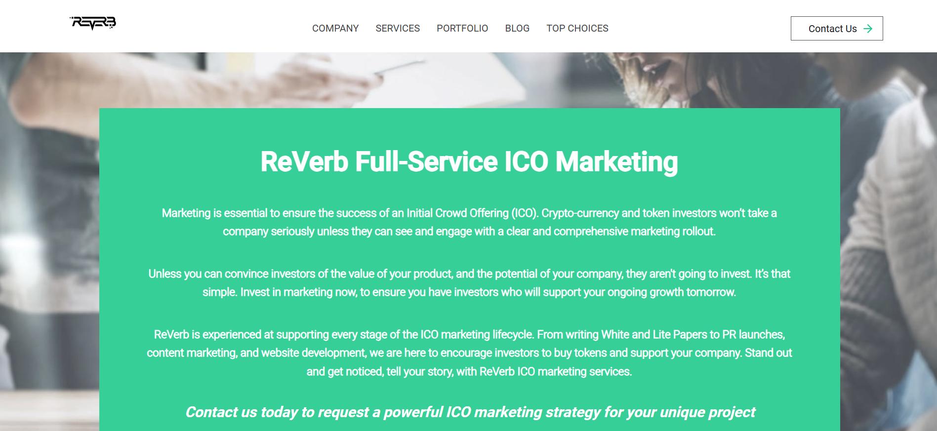 ReVerb homepage presenting full service ICO marketing with professional whitepaper creation and token sale website design for crypto launches.
