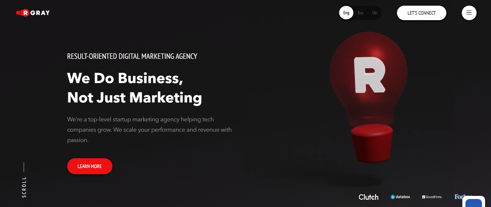 La página de inicio de RGray muestra el marketing de ciclo completo y las asociaciones de intercambio del CIS como la mejor agencia de marketing de ICO para proyectos regionales.