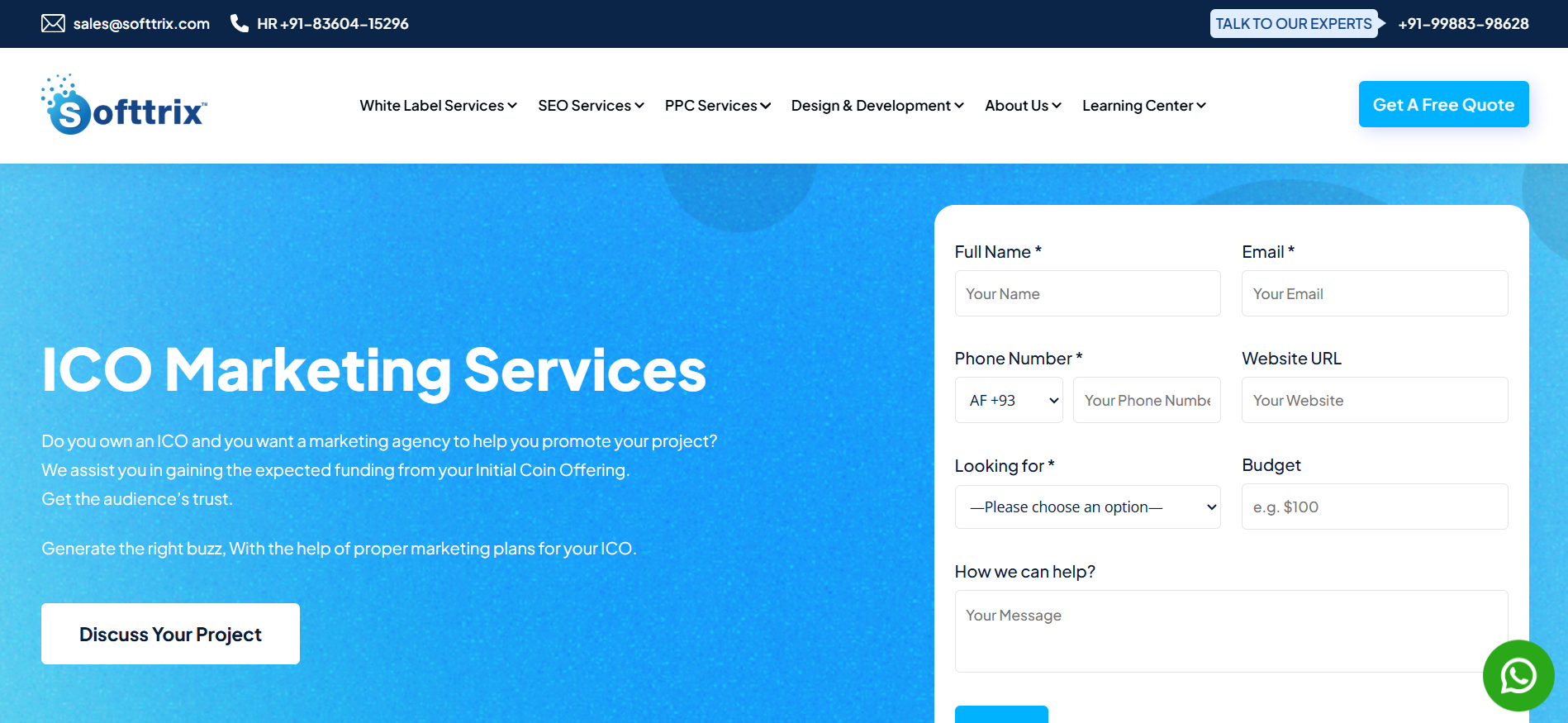Softtrix homepage presenting multi industry digital marketing expertise including cryptocurrency token launch campaigns with 15 years experience.