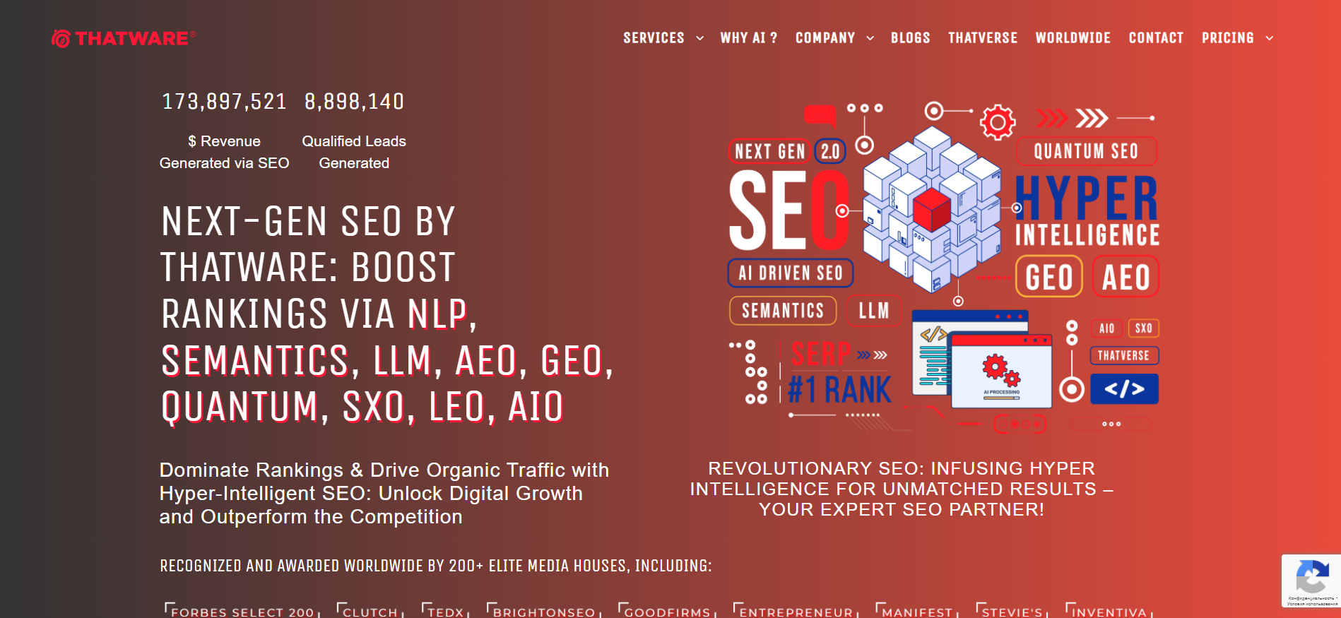 THATWARE-Homepage mit SEO-Services der nächsten Generation mit AEO GEO und Hyper AI-Funktionen, die von 927 proprietären Algorithmen für Unternehmens-Blockchain- und technische Projekte unterstützt werden.