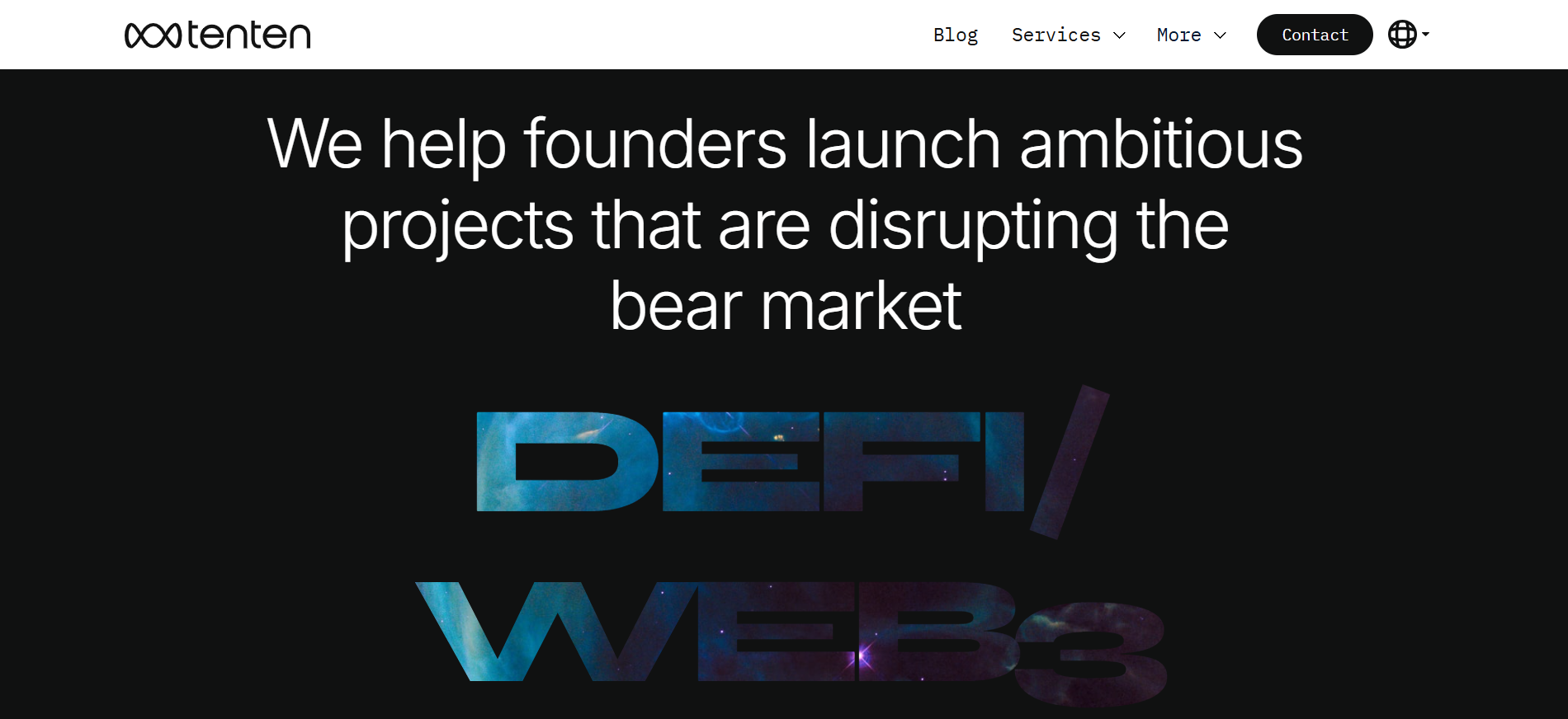 Tenten Digital homepage featuring integrated product design and community management services for blockchain and NFT platforms.
