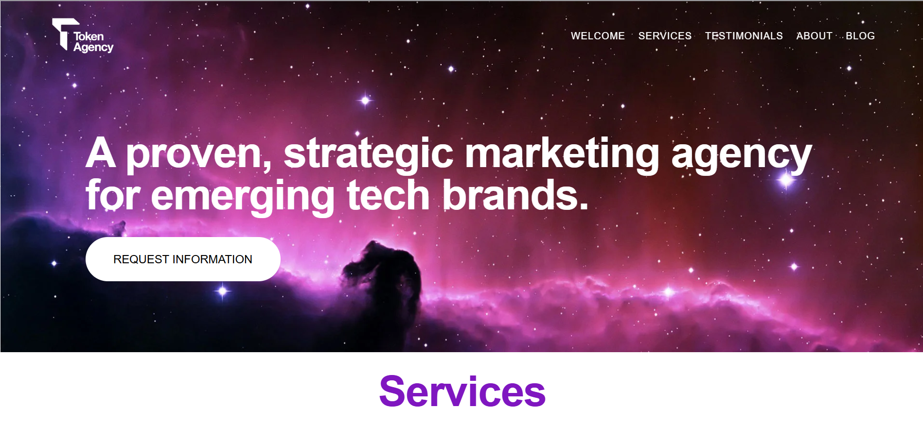 Token Agency homepage displaying ICO marketing solutions with investor pitch coaching and IEO placement services for blockchain startups.