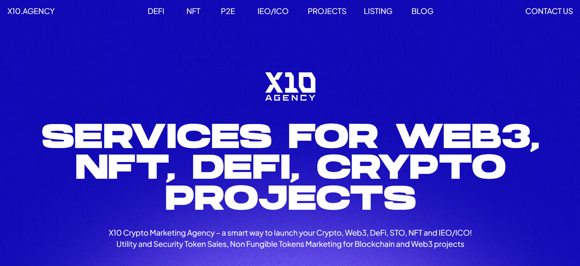 X10 Agency homepage featuring ICO marketing services with community management and influencer partnerships for blockchain projects.