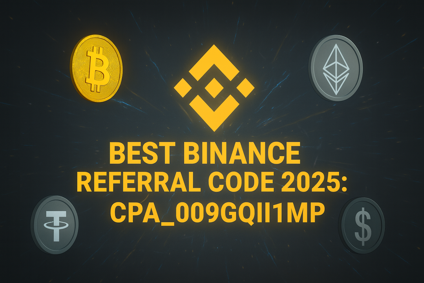Best Binance referral code 2025 CPA_009GQII1MP displayed with Bitcoin, Ethereum, and Tether symbols.