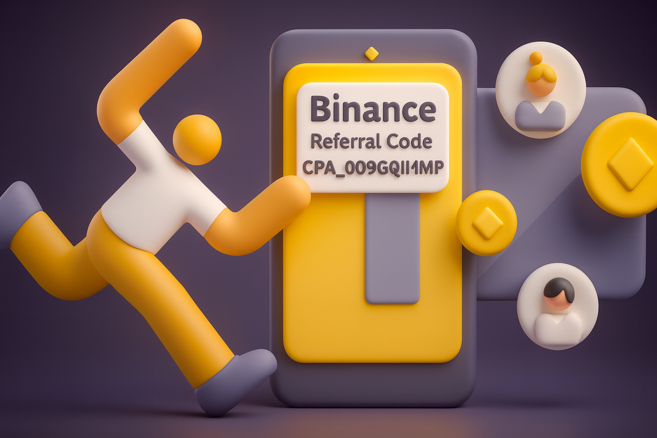 Illustration 3D d'une personne utilisant le code de référence Binance CPA_009GQII1MP sur un smartphone.