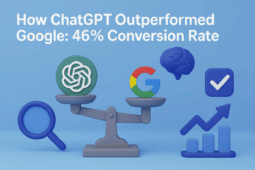 46%의 높은 전환율과 AI 검색 최적화 성공을 상징하는 Google 로고보다 더 큰 ChatGPT 로고가 저울에 올라간 3D 일러스트.