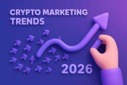 Ilustración en 3D que muestra las tendencias del cripto marketing en 2026 con una mano que sostiene una flecha de crecimiento ascendente sobre un fondo degradado morado.