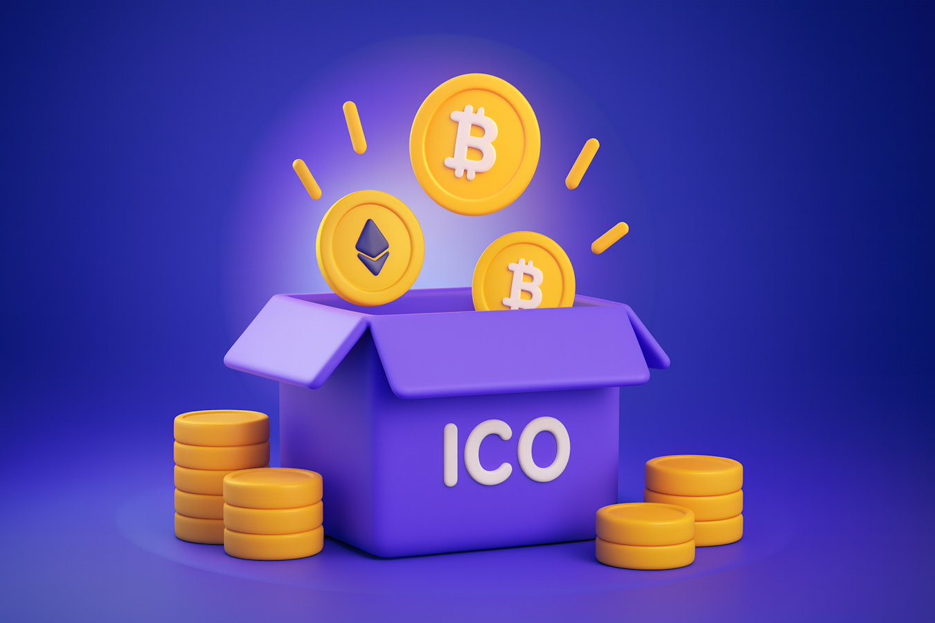 Crypto presale ICO funding box with Bitcoin and Ethereum tokens representing best crypto presale marketing agency investment opportunities for token launches.