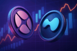 Two 3D cryptocurrency tokens representing Aster and Hyperliquid DEX platforms with trading volume charts in background, illustrating growth-first versus infrastructure-first strategies.