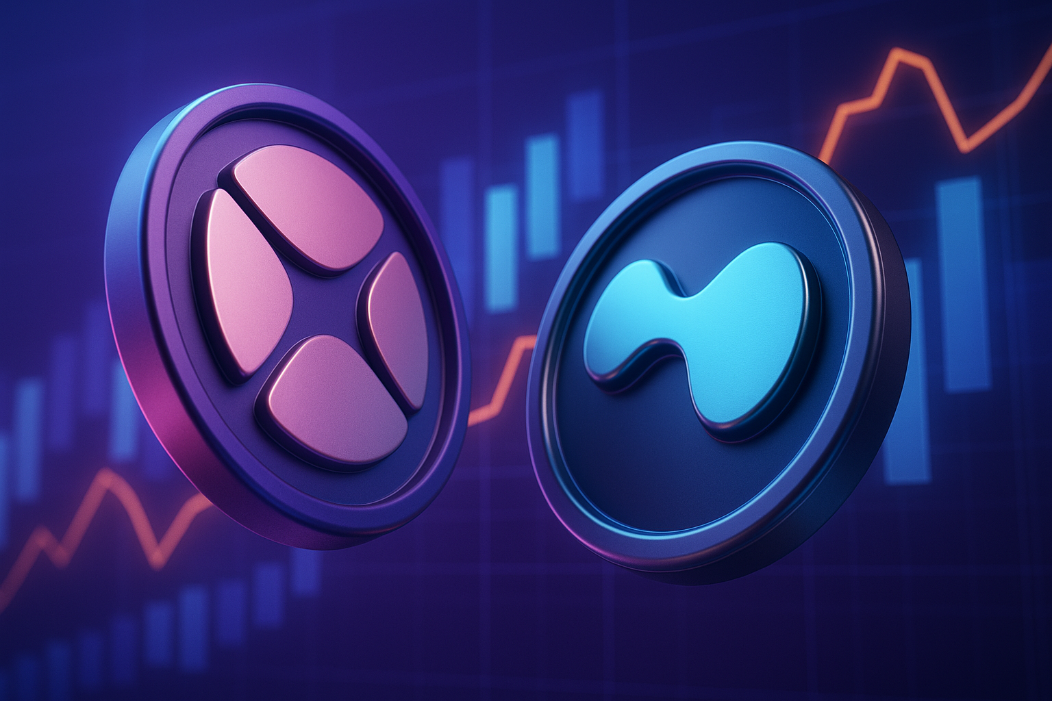 Two 3D cryptocurrency tokens representing Aster and Hyperliquid DEX platforms with trading volume charts in background, illustrating growth-first versus infrastructure-first strategies.