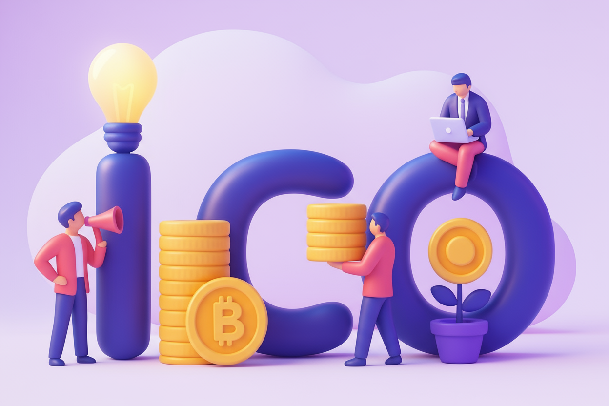 ICO marketing concept showing cryptocurrency fundraising with Bitcoin tokens megaphone promotion and investment growth illustration.