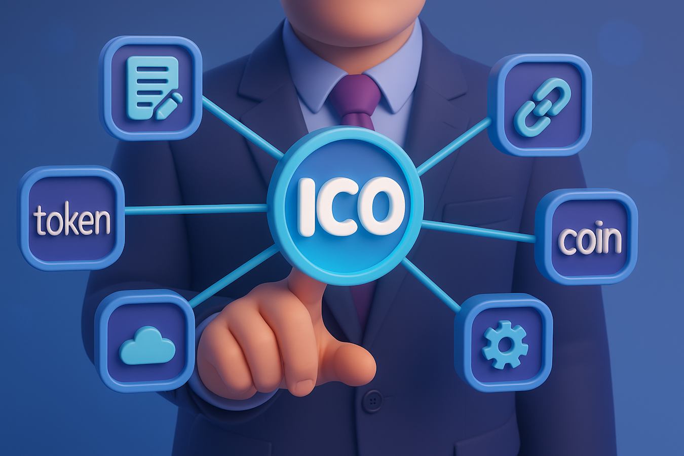 Initial Coin Offering ecosystem diagram with token coin blockchain technology and ICO marketing components for successful launches.